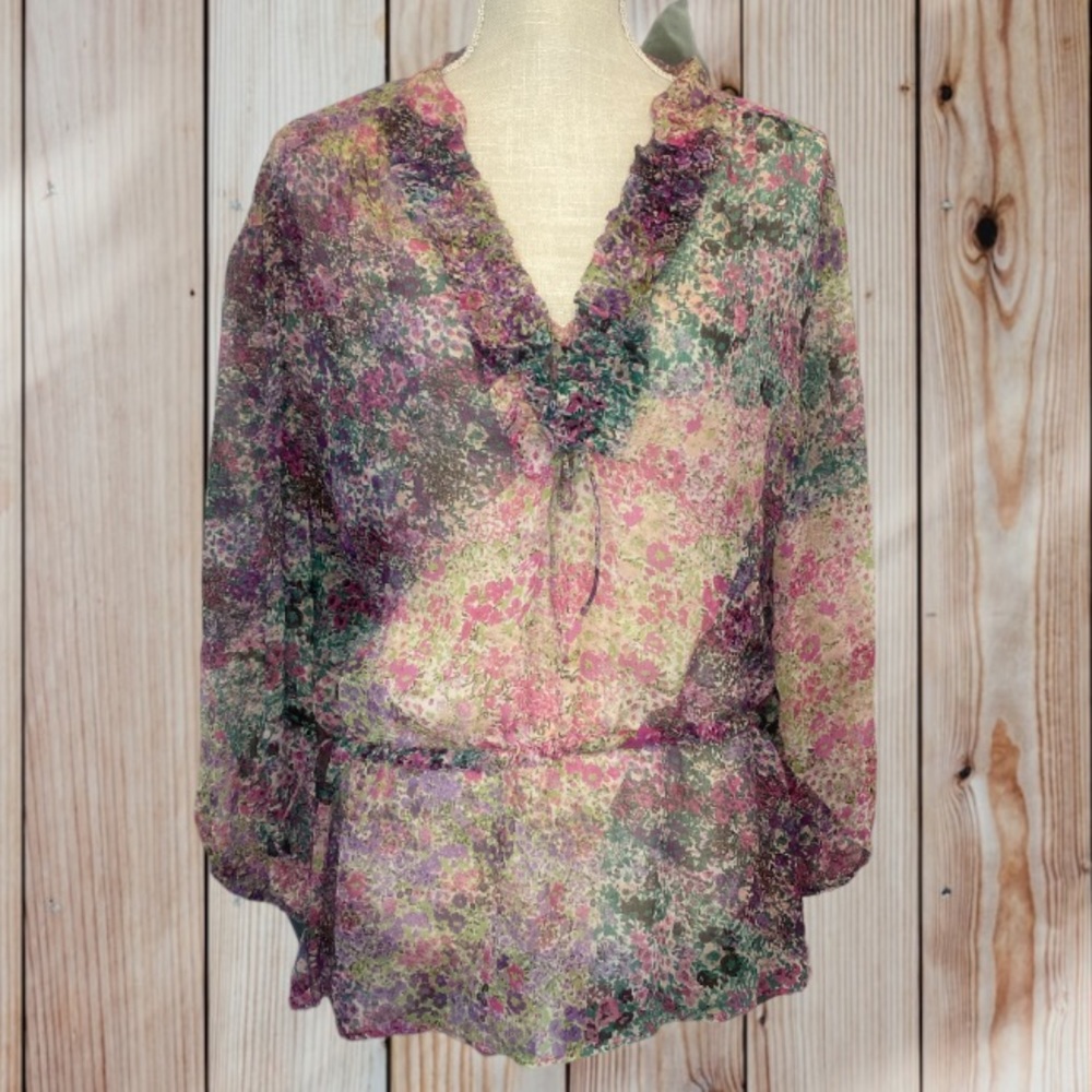 Lucky Brand Sheer Floral Top 100% Silk
